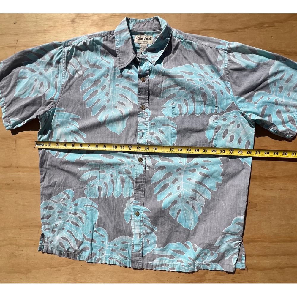 Cooke Street Honolulu Mens XL Hawaiian Shirt Grey Blue Monstera LeafCotton Print